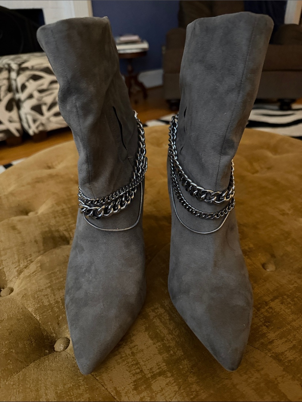 INC Women's Gray Suede Pointed-Toe Ankle Boots with Chain Detail